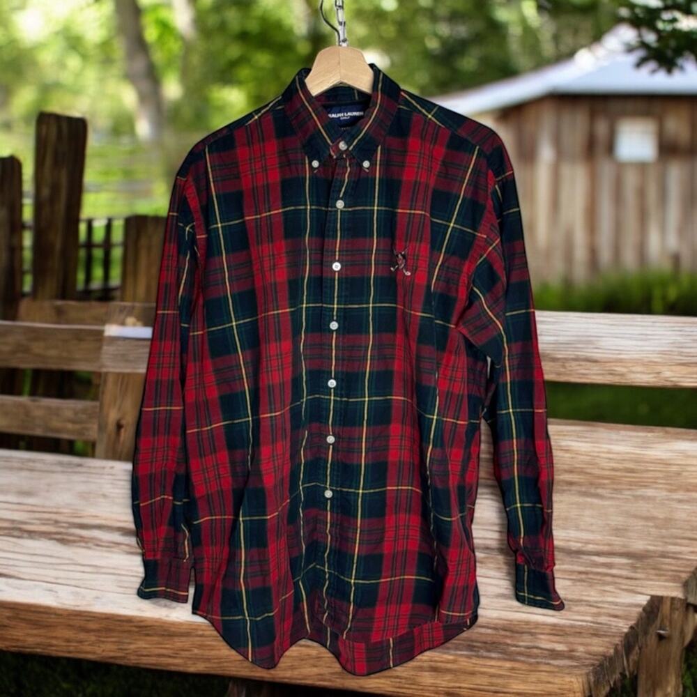 Ralph Lauren Golf Men's Medium VTG 100% Cotton Tilden Button Down Tartan Shirt